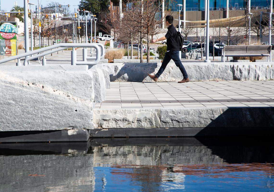 Fountains and benches outside Colonial Life Arena in Columbia, South Carolina on Thursday, January 16, 2020.