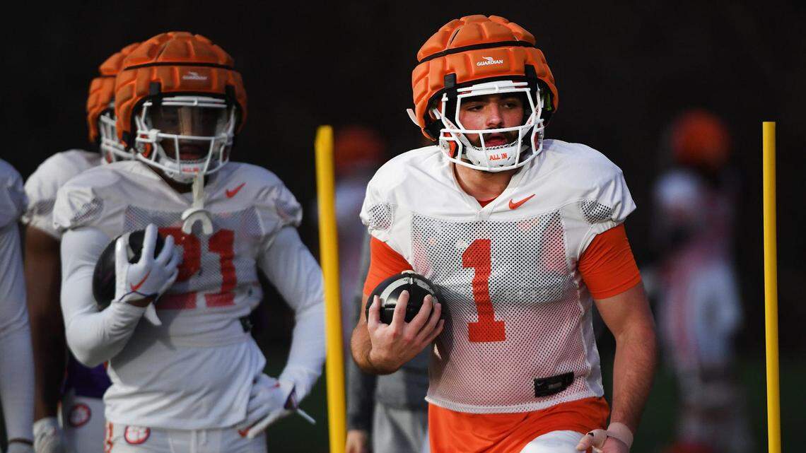 The Clemson Football Tigers prepare to face the Kentucky Wildcats in the 2023 Gator Bowl. The team held practice on Dec. 14, 2023 to prepare for the game. Clemson’s running back Will Shipley (1) on the field.