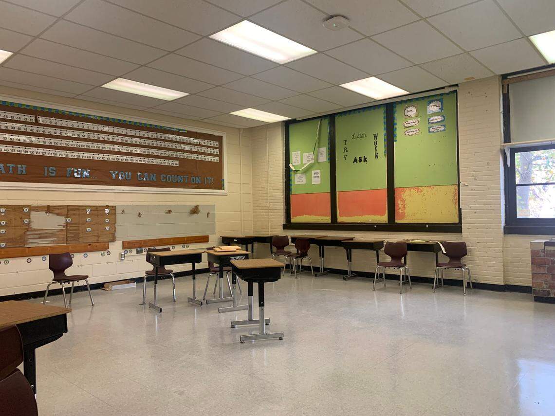 Some student desks remain inside a classroom of the old Gilbert Elementary School, which is being converted into the Center for School Safety and Targeted Violence run by the South Carolina Law Enforcement Division.