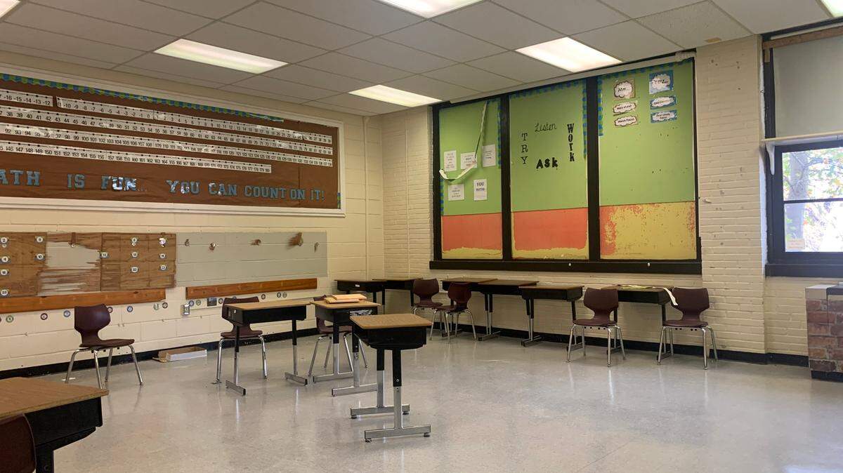 Some student desks remain inside a classroom of the old Gilbert Elementary School, which is being converted into the Center for School Safety and Targeted Violence run by the South Carolina Law Enforcement Division.