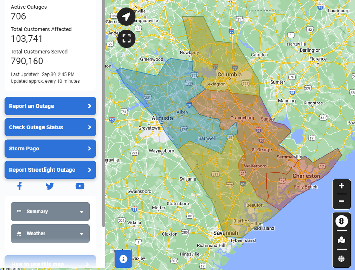 More than 100,000 Dominion Energy customers were affected by power outages as of 2:45 p.m. Friday, shortly after Hurricane Ian made landfall on South Carolina’s coast.