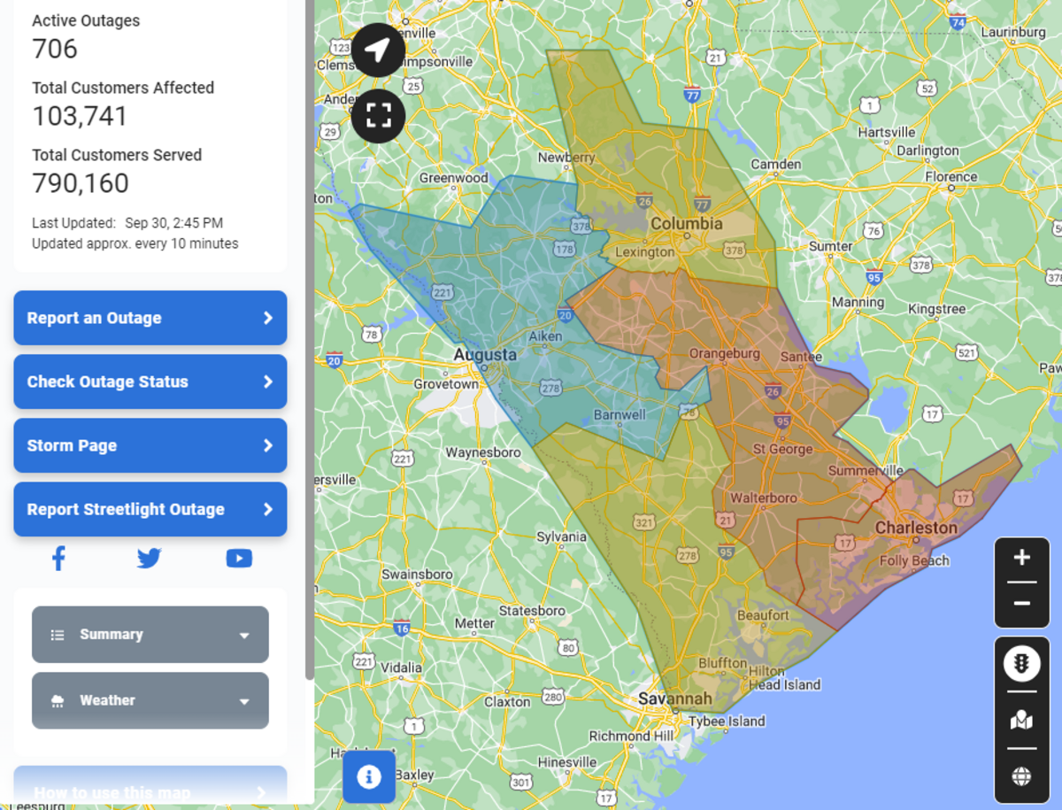 More than 100,000 Dominion Energy customers were affected by power outages as of 2:45 p.m. Friday, shortly after Hurricane Ian made landfall on South Carolina’s coast.