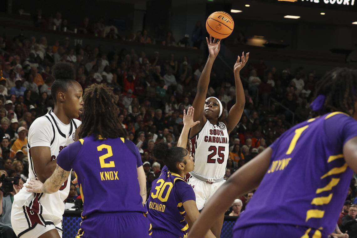 South Carolina's Raven Johnson (25) shoots a three during the first half of action of their women's basketball game in the SEC Tournament, against LSU at the Bon Secours Wellness Arena on Saturday, March 7, 2026.