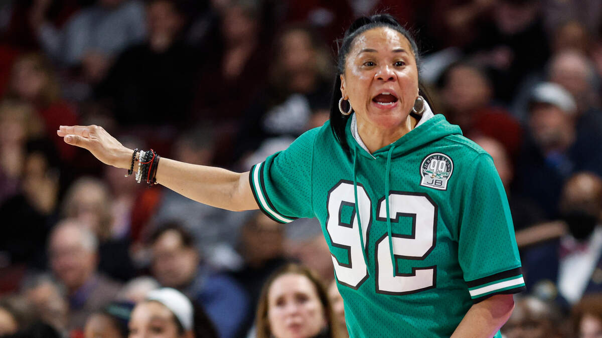 South Carolina head coach Dawn Staley argues with an official during the second half of an NCAA college basketball game against Kentucky in Columbia, S.C., Thursday, Feb. 2, 2023. (AP Photo/Nell Redmond)