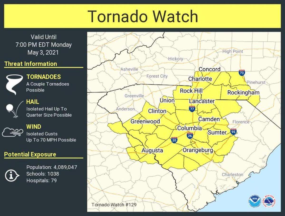 A tornado watch has been issued for parts of South Carolina, North Carolina, and Georgia.