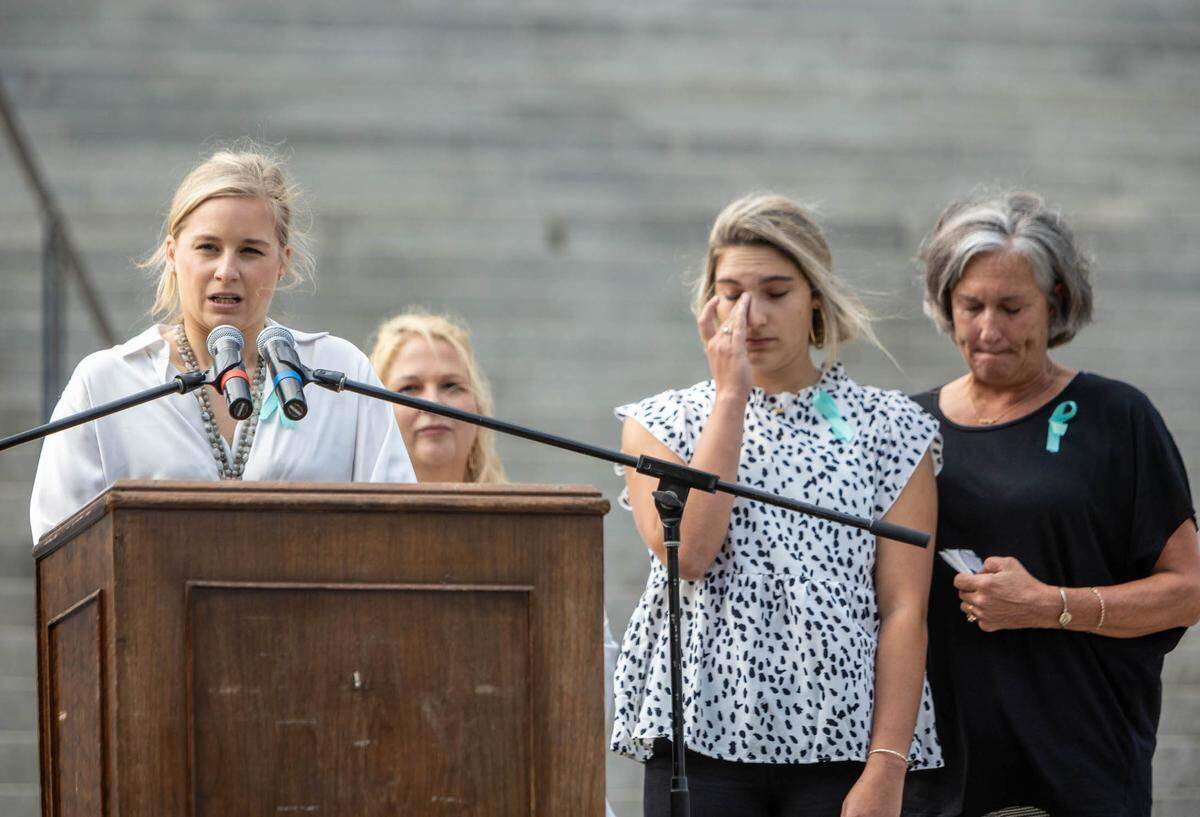 Brett Tabatabai, Dallas Stroller’s sister, speaks during a rally at the South Carolina State House on Thursday, May, 12, 2022. Families and victims of sexual assault spoke out against the handling of the prosecution of Bowen Turner who was accused of rape by three teens, and was sentenced to 5 years probation.
