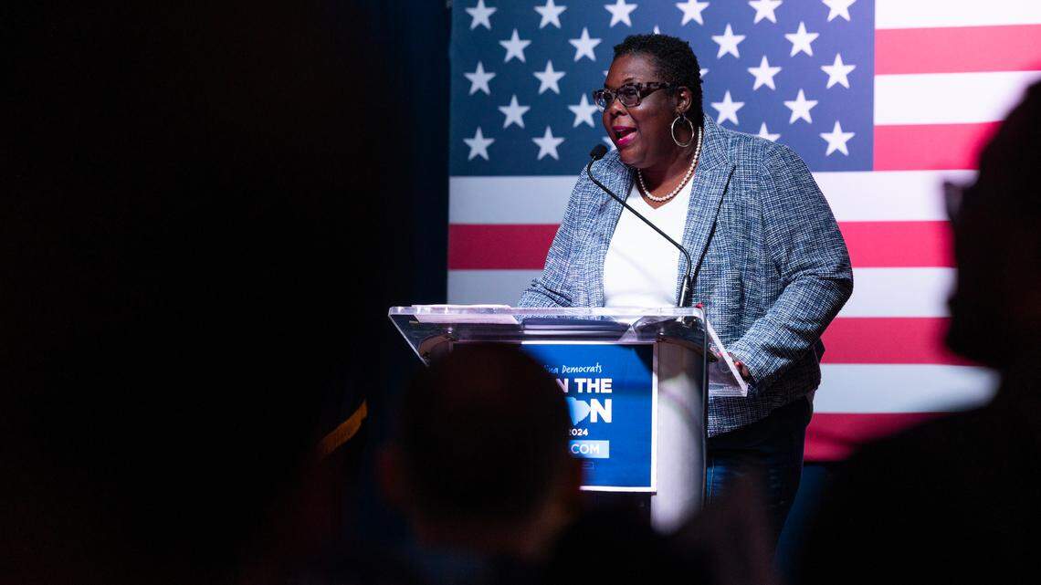 South Carolina Democratic Party Chairwoman Christale Spain speaks at the presidential primary election watch party on Saturday, Feb. 3, 2024.