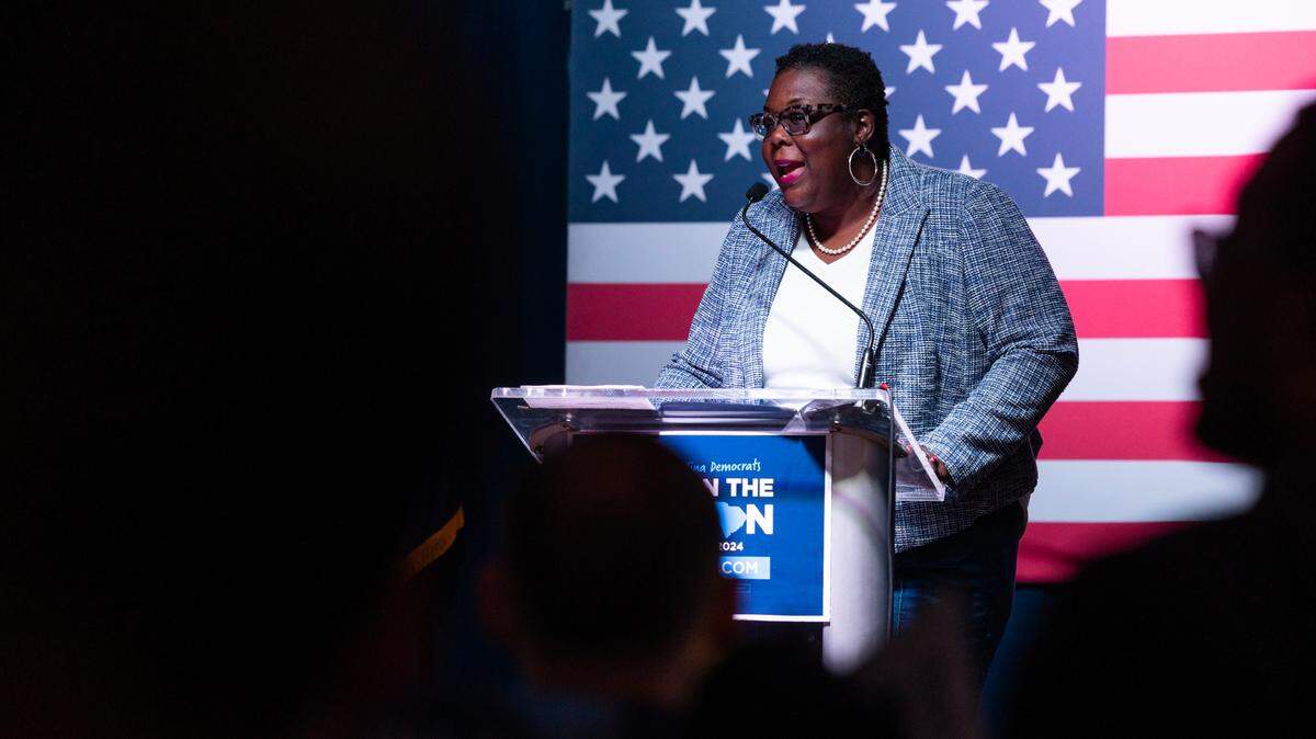 South Carolina Democratic Party Chairwoman Christale Spain speaks at the presidential primary election watch party on Saturday, Feb. 3, 2024.
