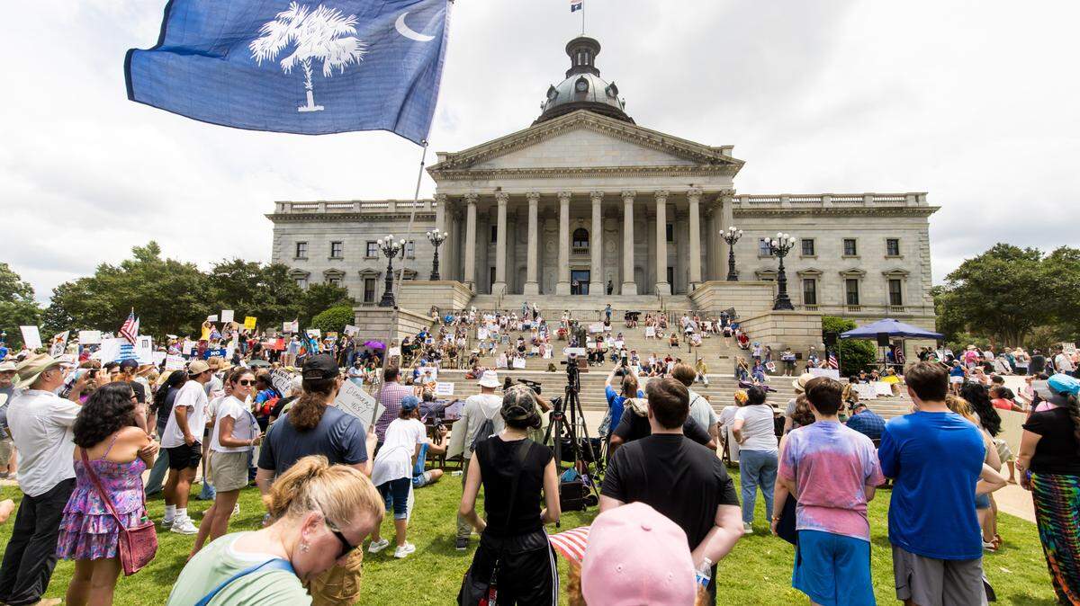 Protesters wave signs during the No Kings Rally at the State House, June 14, 2025. 
