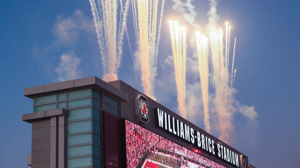 Fireworks shoot into the air before South Carolina plays Vanderbilt at Williams-Brice Stadium on Saturday, September 13, 2025.