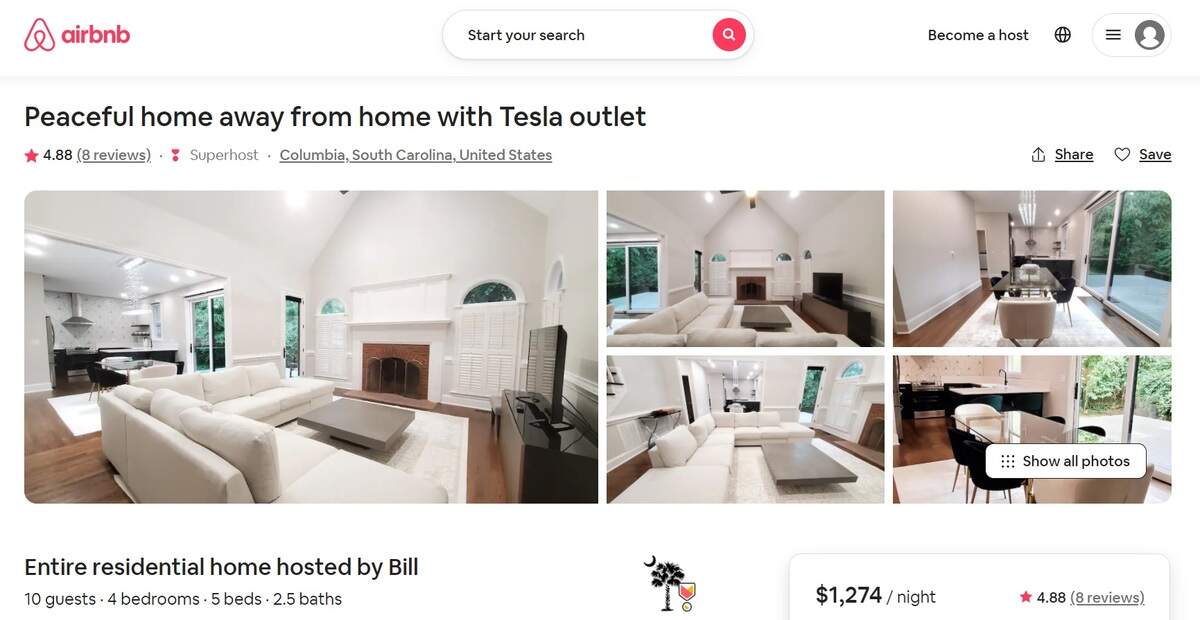 This screenshot shows an AirBnB rental in the Columbia area.