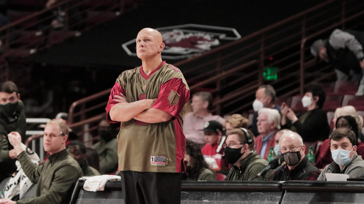 South Carolina’s head coach Frank Martin watches his team play West Point at Colonial Live Arena on Wednesday, December 22, 2021.