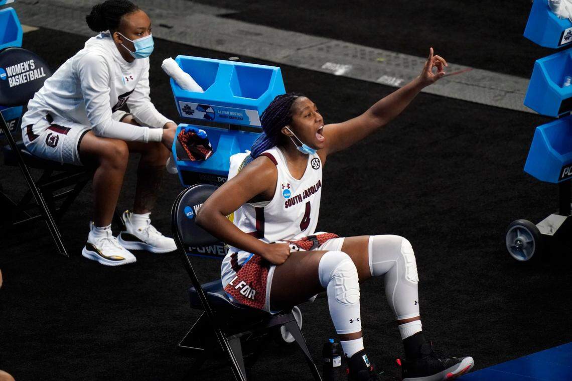 South Carolina forward Aliyah Boston reacts on the bench during the first half of a college basketball game against Oregon State in the second round of the women’s NCAA tournament at the Alamodome in San Antonio, Tuesday, March 23, 2021.