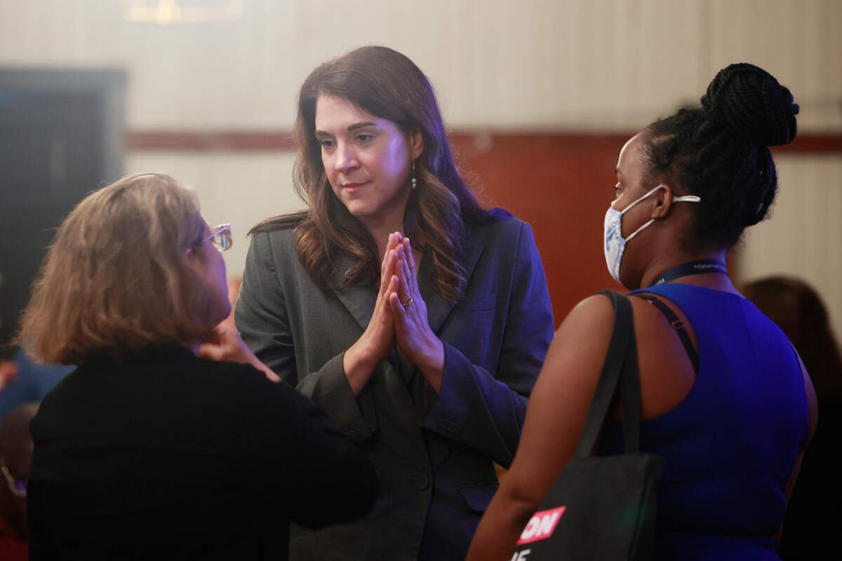 South Carolina district 75 representative Heather Bauer speaks to supporters at the party supporting her reelection bid in Columbia, South Carolina on Tuesday, November 5, 2024.