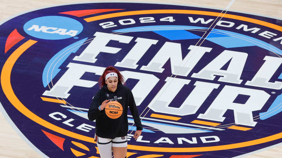 South Carolina’s Kamilla Cardoso (10) walks across the court before playing N.C. State in the Final Four game at Mortgage FieldHouse in Cleveland, Ohio. That center court logo was purchased by USC and is expected to be displayed somewhere at Colonial Life Arena.