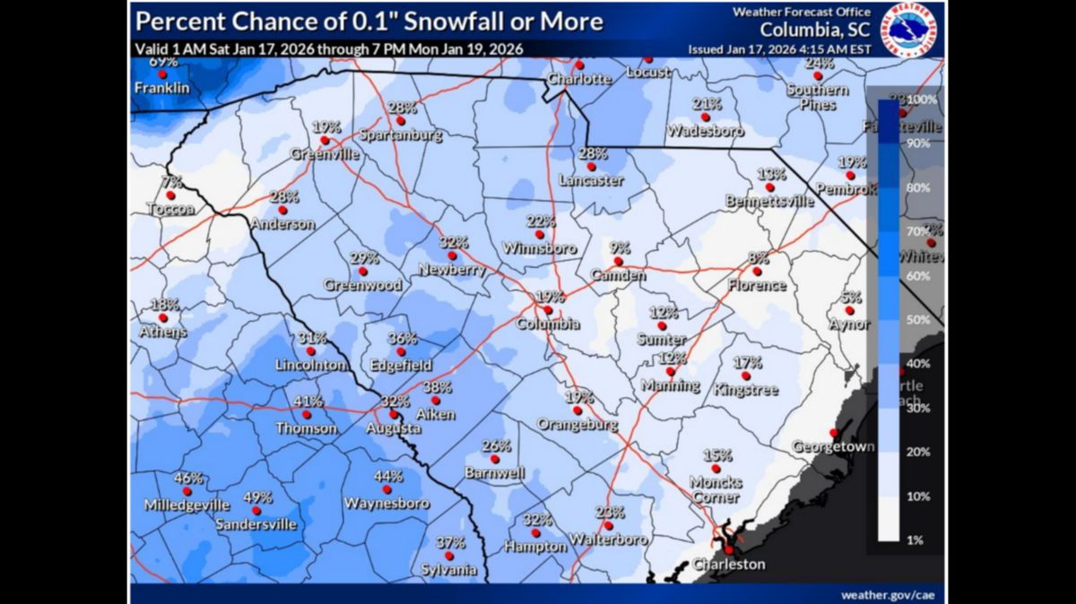 The Columbia National Weather Service forecast chances of rain and snow across the Midlands on Sunday, Jan. 18, 2025.