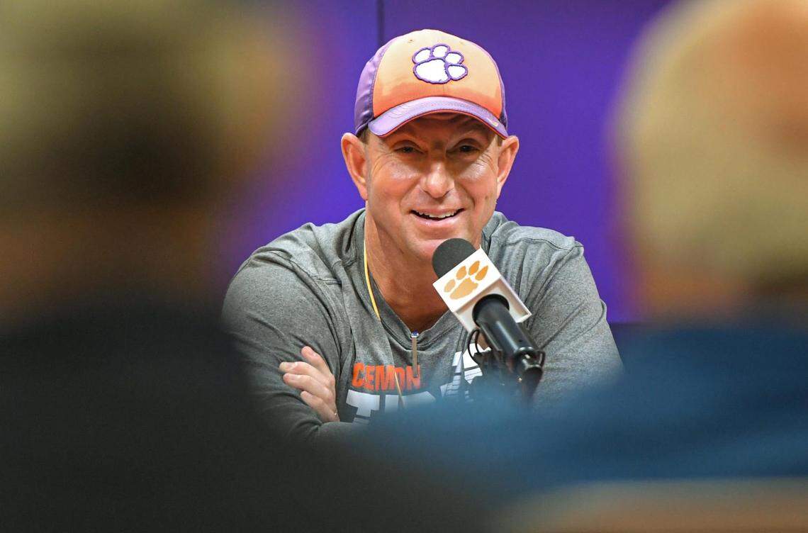 Clemson Head Coach Dabo Swinney speaks with media before the first day of Spring practice at the Poe Indoor Practice Facility at the Allen N. Reeves football complex in Clemson S.C. Wednesday, February 28, 2024.