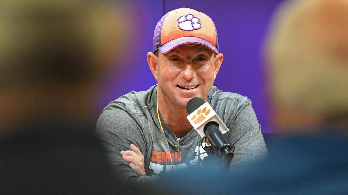 Clemson Head Coach Dabo Swinney speaks with media before the first day of Spring practice at the Poe Indoor Practice Facility at the Allen N. Reeves football complex in Clemson S.C. Wednesday, February 28, 2024.
