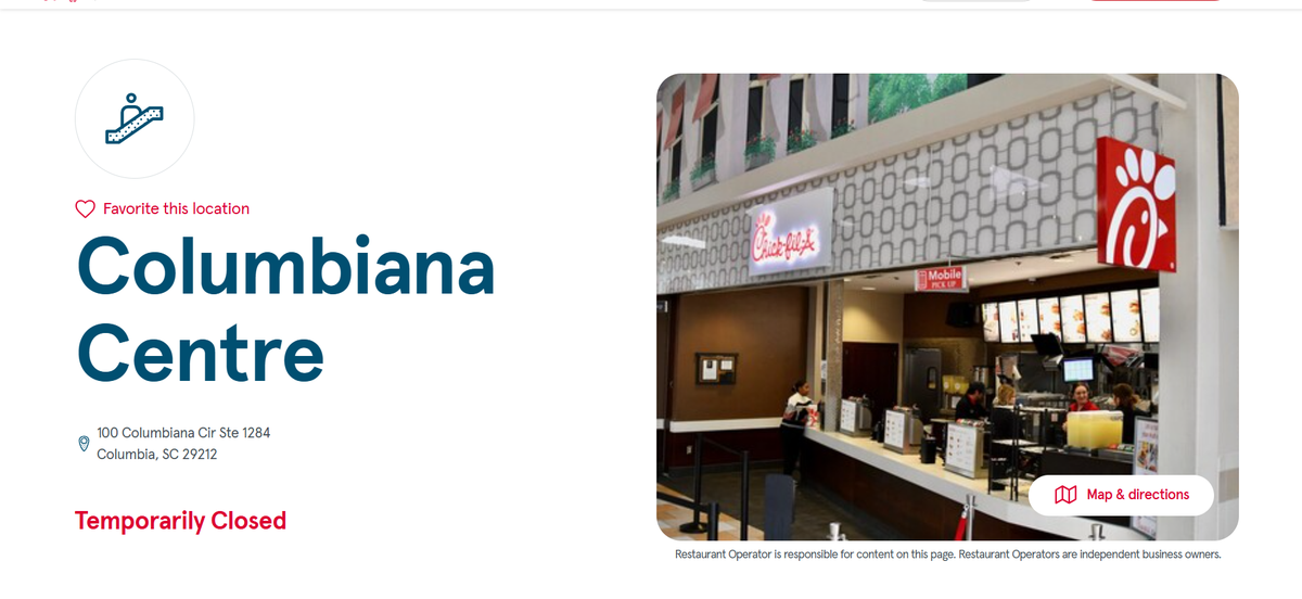 Chick-fil-A’s website as of Oct. 21, 2025 noted the location is temporarily closed. There is signage at the mall that says it is closed for remodeling.