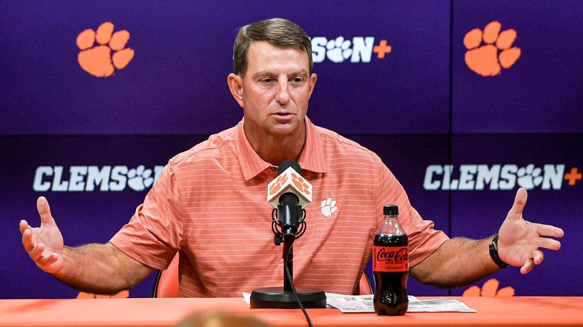 Clemson football Head Coach Dabo Swinney speaks during a press conference at the Smart Family Media Center in Clemson, S.C. Tuesday, August 27, 2024.