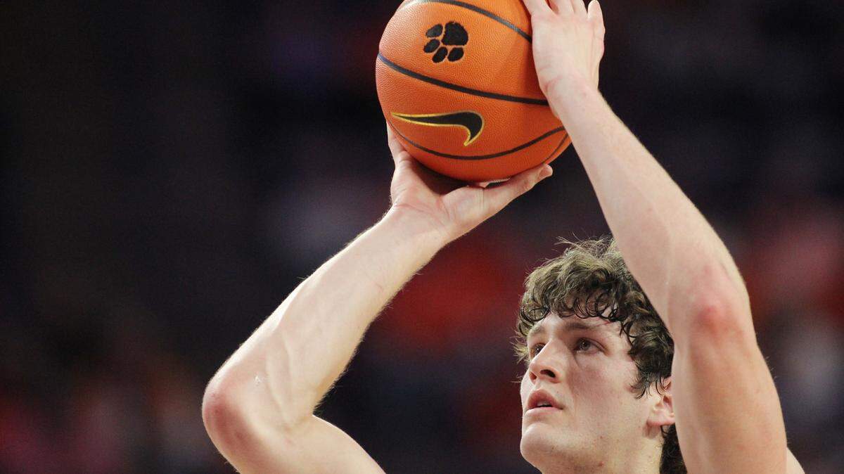 Clemson center PJ Hall shoots a free throw against Miami in Clemson, S.C. on Wednesday, Feb. 14, 2024.