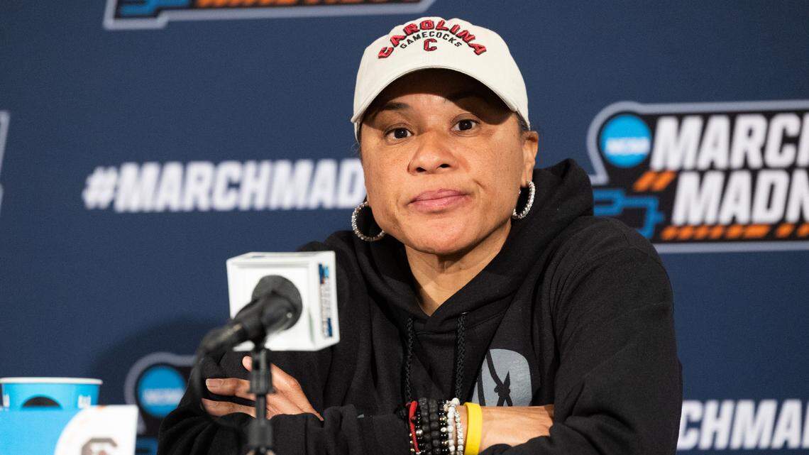 South Carolina head basketball coach Dawn Staley speaks to media before the NCAA Tournament at Colonial Life Arena on Thursday, March 16, 2023.