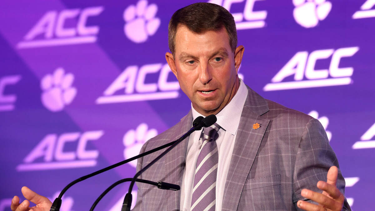 Clemson Tigers head football coach Dabo Swinney answers a reporter’s question during the 2026 ACC Football Kickoff program at the Hilton Charlotte Uptown hotel in Charlotte, North Carolina, on Thursday, July 16, 2026.