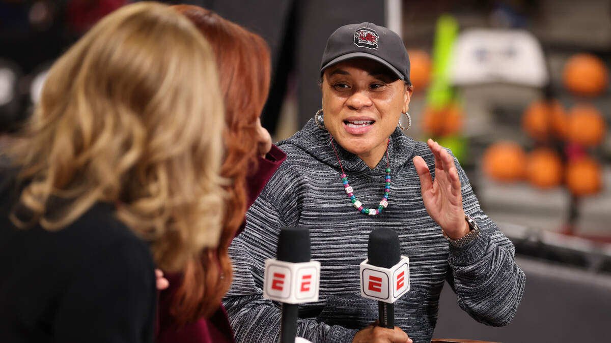 South Carolina head coach Dawn Staley is interviewed on ESPN during practice at Colonial Life Arena on Tuesday, October 31, 2023.