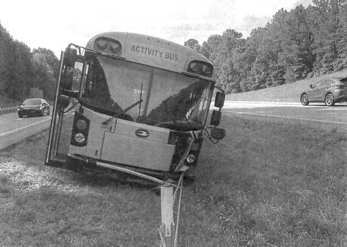 A photo of the Lexington 2 school bus involved in a fatal April 2025 wreck, after it was involved in an earlier 2023 tire blowout on Interstate 26.