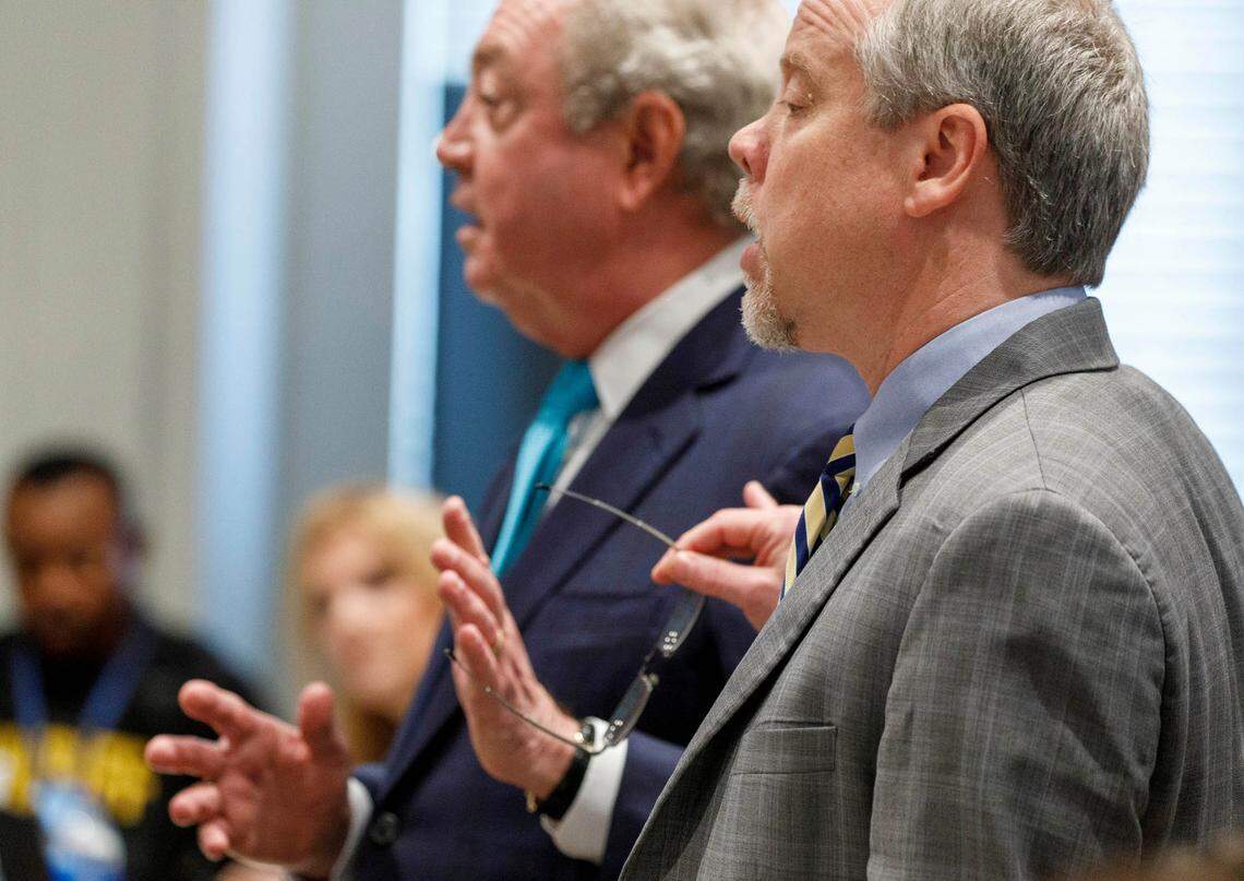 Defense attorney Dick Harpootlian and Prosecutor Creighton Waters address Judge Clifton Newman during the Alex Murdaugh trial at the Colleton County Courthouse in Walterboro, Friday, Feb. 17, 2023. Grace Beahm Alford/The Post and Courier/Pool