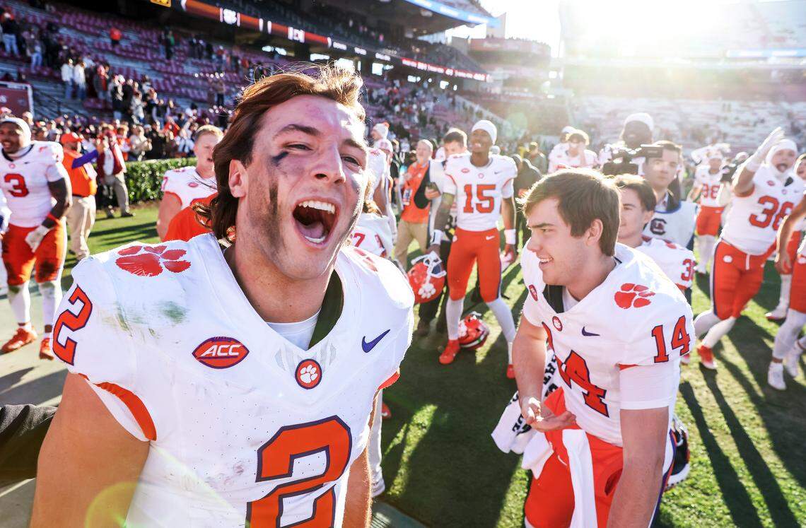 Clemson quarterback Cade Klubnik (2) celebrates following Clemson’s win over South Carolina at Williams-Brice Stadium in Columbia on Saturday, November 29, 2025.