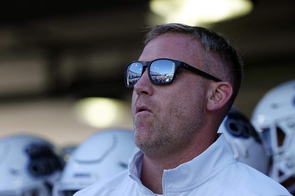 Old Dominion Monarchs head coach Ricky Rahne waits to run onto the field before playing against the Wake Forest Demon Deacons at Kornblau Field at S.B. Ballard Stadium.