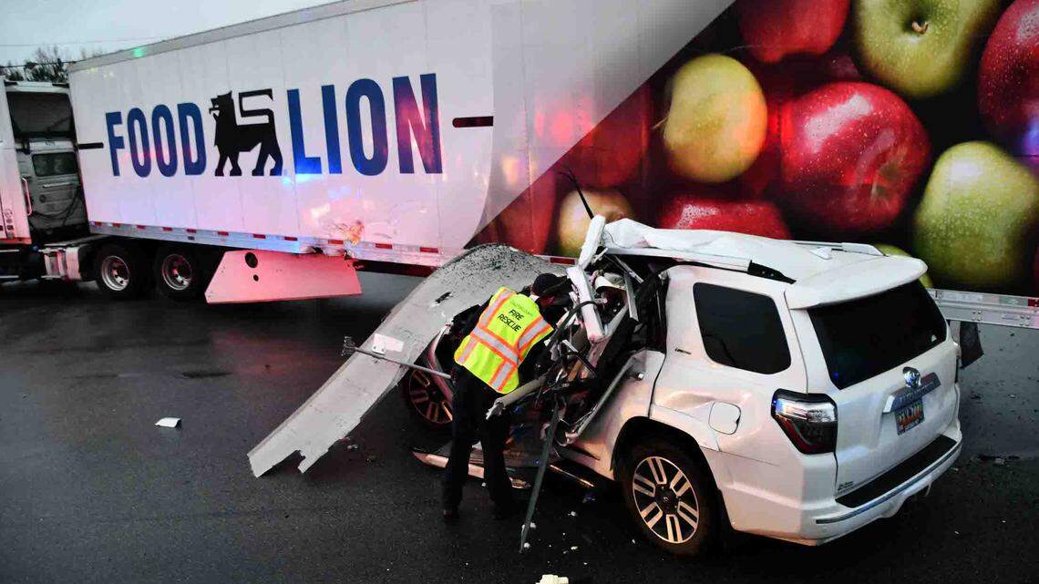 The SUV was left mangled after it went under a truck, South Carolina photos show.