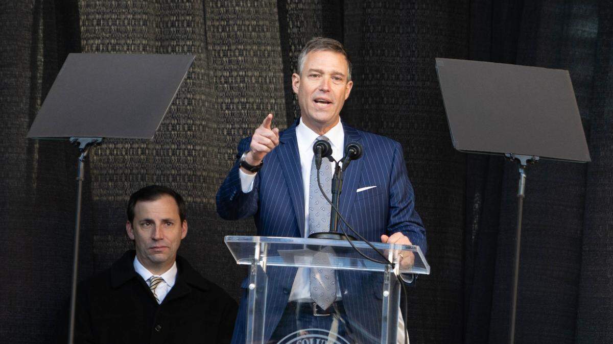 Daniel Rickenmann speaks after being sworn in as the mayor for Columbia during an inauguration ceremony on Tuesday, Jan. 4, 2022.