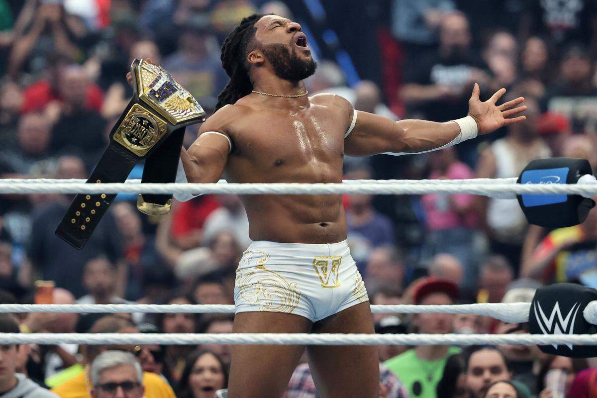 Trick Williams celebrates after defeating Sami Zayn during the United States Championship match during WrestleMania 42 at Allegiant Stadium on April 19, 2026 in Las Vegas, Nevada.