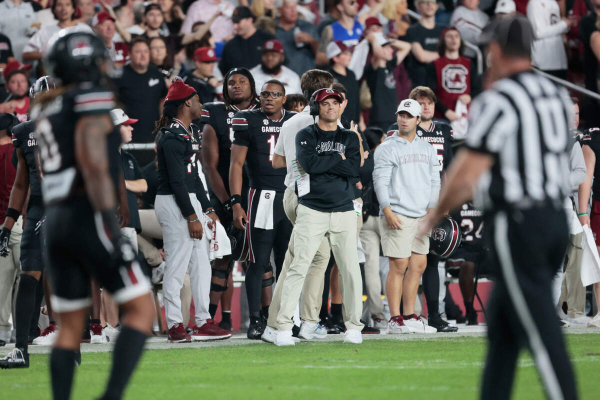 South Carolina head coach Shane Beamer guides his team as they play Kentucky at Williams-Brice Arena on Saturday, November 18, 2023. 