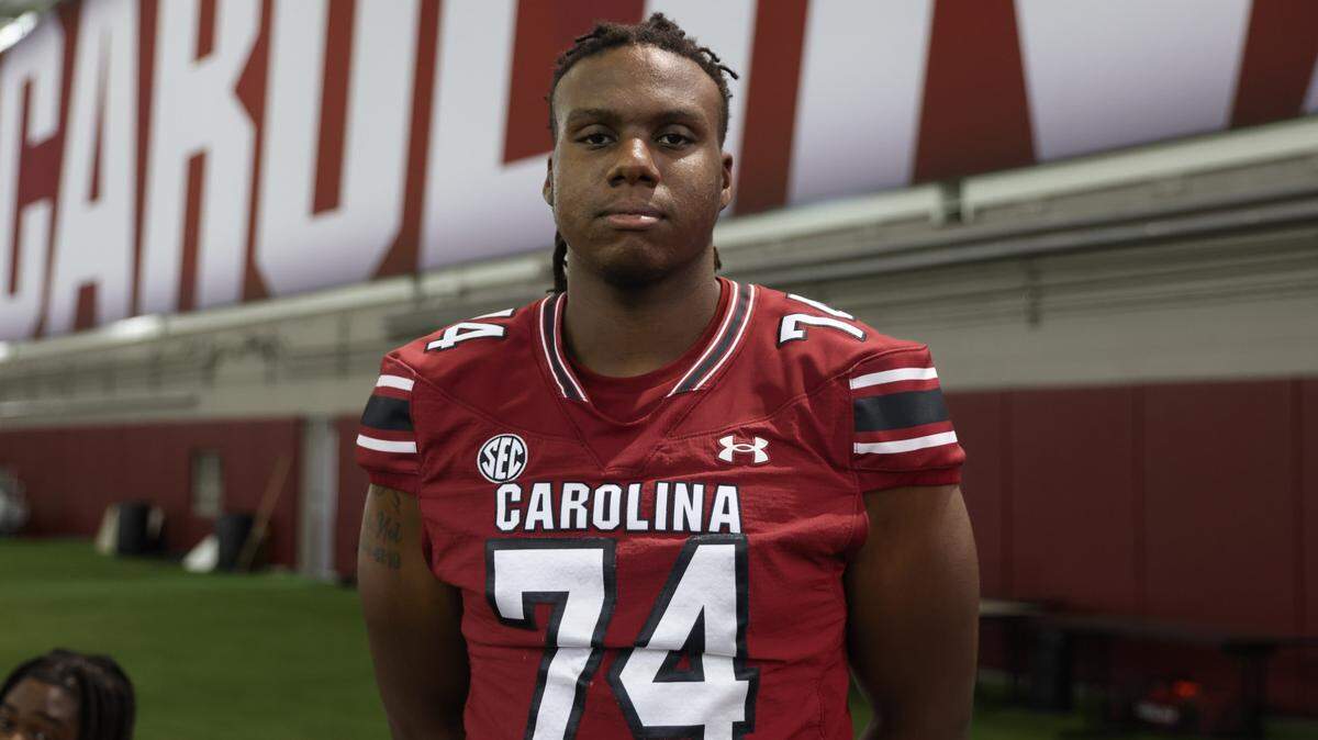 South Carolina offensive lineman Josiah Thompson (74) is seen during media day in Columbia on Thursday, August 1, 2024.