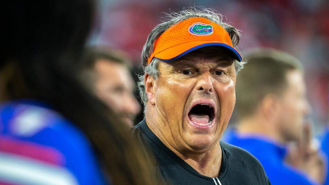 Florida defensive coordinator Todd Grantham coaches from the sideline during the second half of an NCAA college football game against Georgia, Saturday, Oct. 30, 2021, in Jacksonville, Fla. (Stephen B. Morton/Atlanta Journal-Constitution via AP)