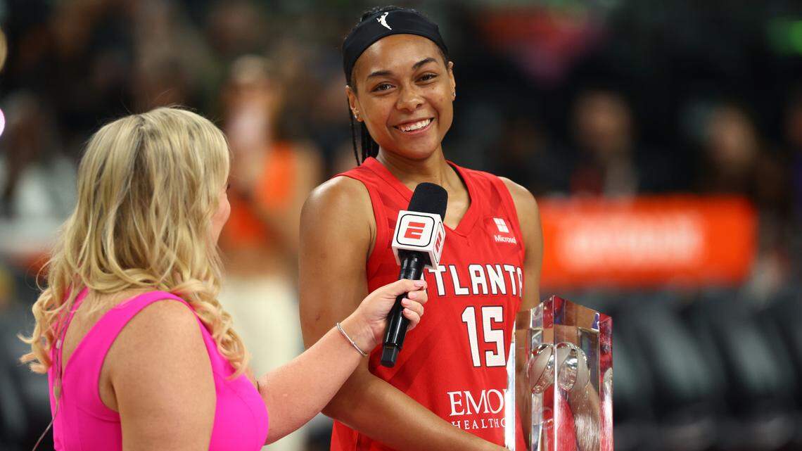 Atlanta Dream player Allisha Gray celebrates after winning the 3-point contest in 2024 during the WNBA All-Star Skills Night at the Footprint Center.