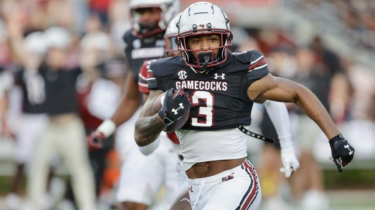 South Carolina reciever Antwane “Juice” Wells Jr. runs for a 53-yard gain off a reception from Spencer Rattler in the annual Garnet and Black spring game on April 15, 2023 at Williams-Brice Stadium.