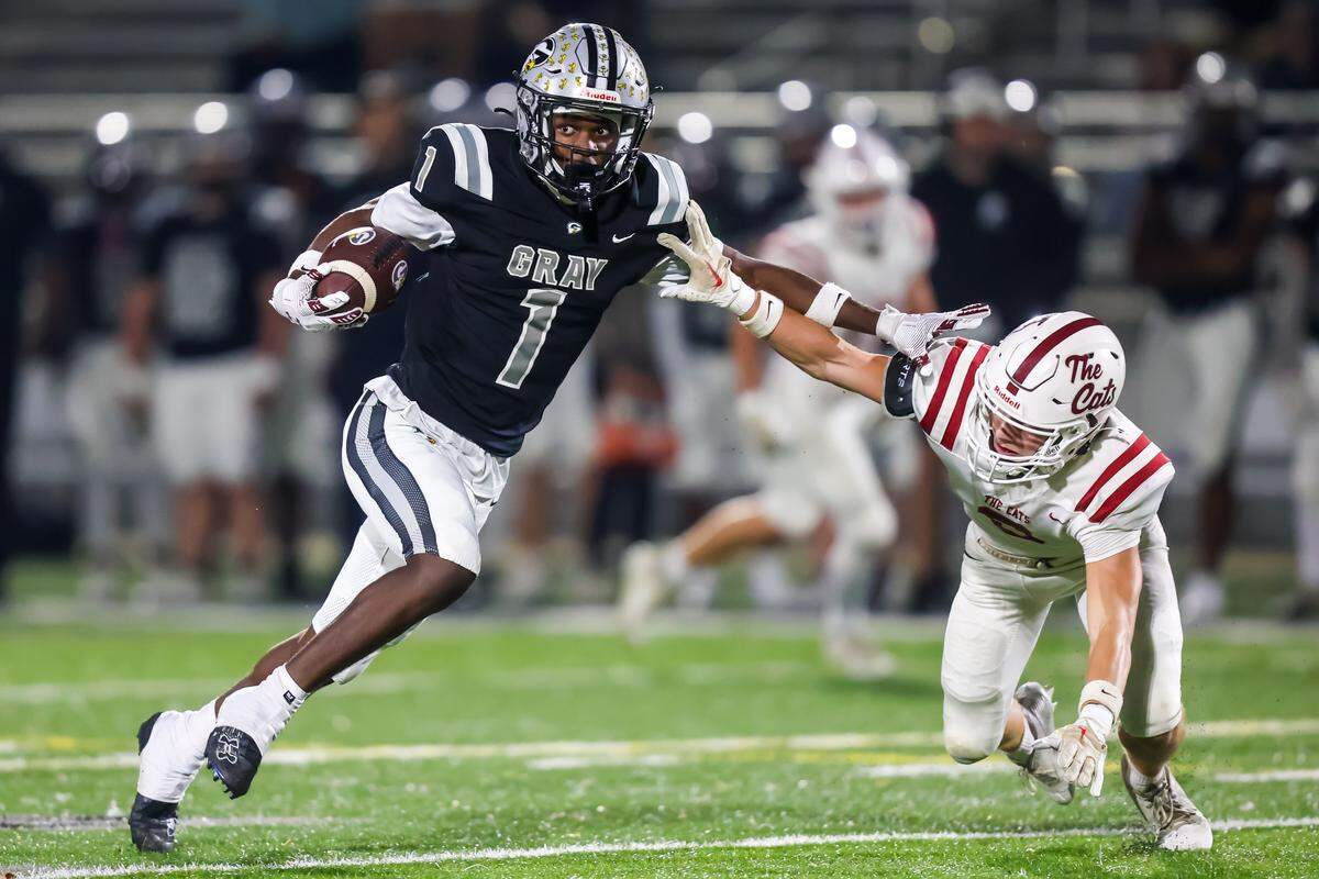Gray Collegiate Academy Royce Williamson (1) attempts to get past Brookland-Cayce Bearcats Bennett Plane (6) during their Nov. 7 game .