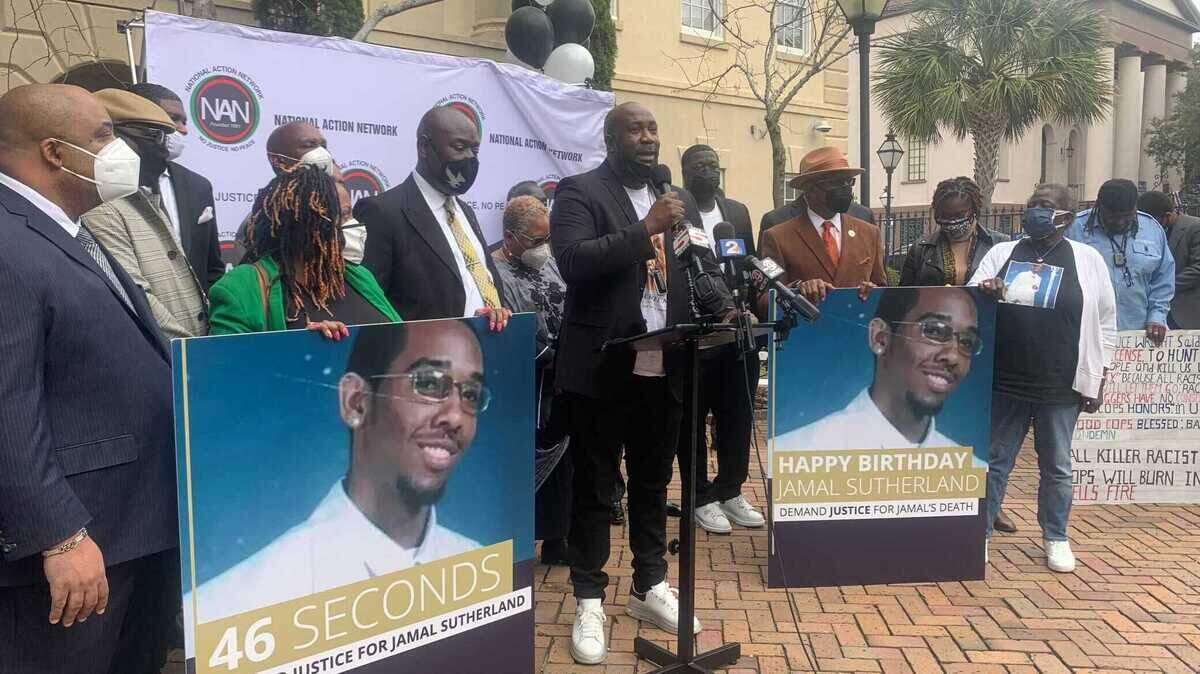 Philonise Floyd, the younger brother of George Floyd, speaks at a news conference in downtown Charleston on Thursday, Jan. 13, 2022. He is joining the Sutherland family in calling for justice for Jamal Sutherland, who died in Charleston County jail on Jan. 5, 2021. “The only problem he had was being Black,” Floyd said of Jamal Sutherland.
