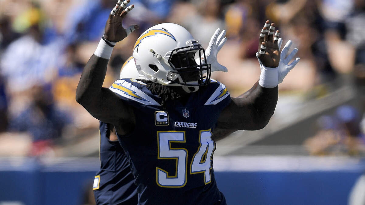 Los Angeles Chargers defensive end Melvin Ingram plays against the Los Angeles Rams during the first half in an NFL football game Sunday, Sept. 23, 2018, in Los Angeles.