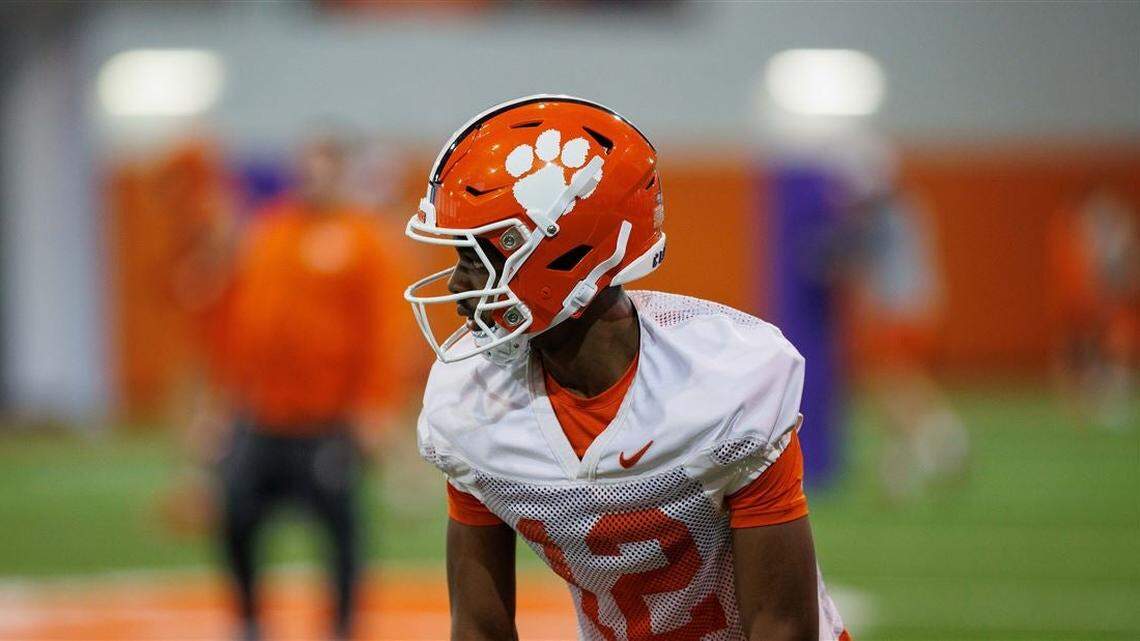 Clemson freshman wide receiver Bryant Wesco Jr. (12) during a 2024 spring practice at the Poe Indoor Practice Facility on Clemson’s campus