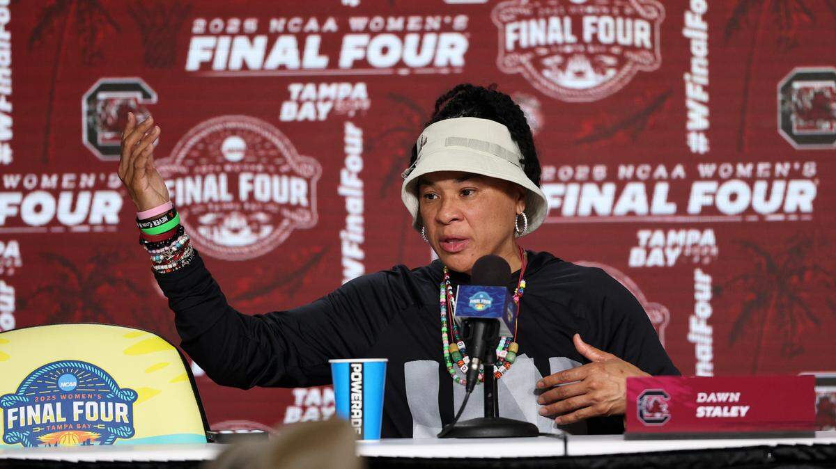 University of South Carolina Head Coach Dawn Staley speaks during a press conference in advance of the NCAA National Championship at Amalie Arena in Tampa, Fla. on Saturday, April 5, 2025.