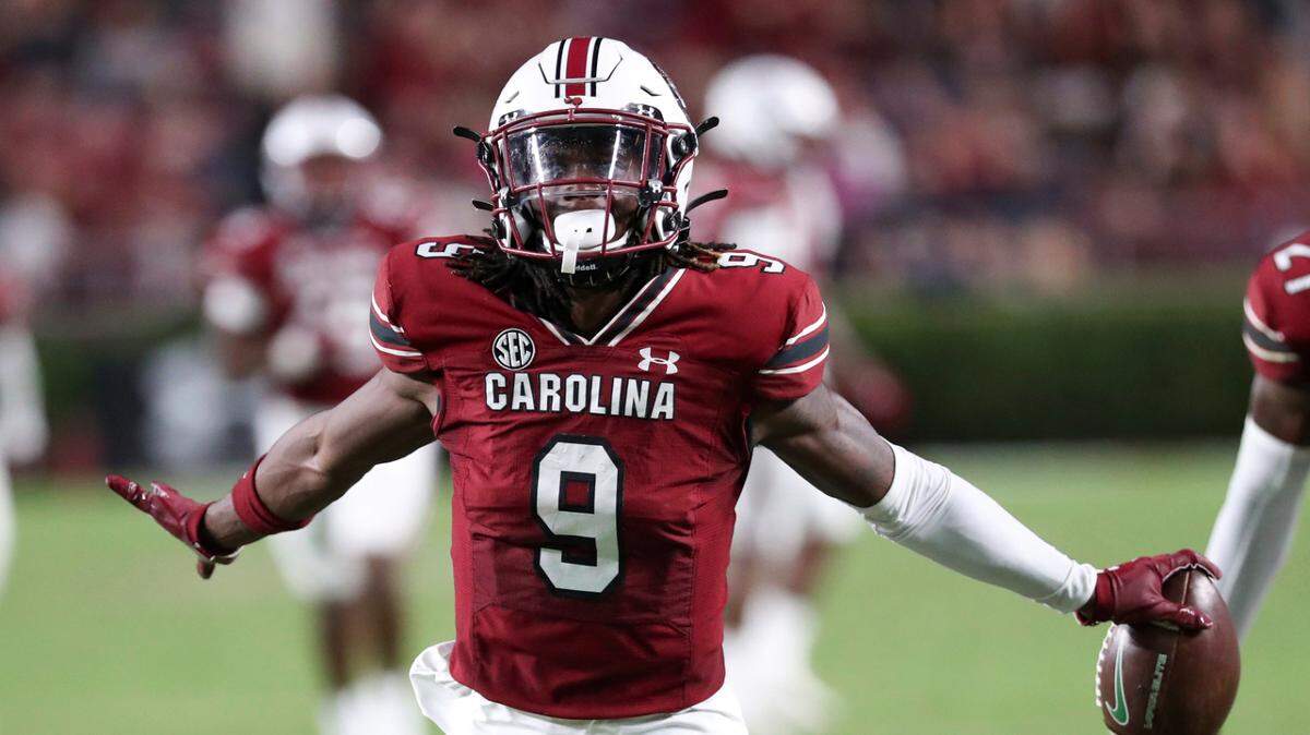South Carolina defensive back Cam Smith (9) celebrates an interception during the second half of the team’s NCAA college football game against Charlotte on Saturday, Sept. 24, 2022, in Columbia, S.C. (AP Photo/Artie Walker Jr.)