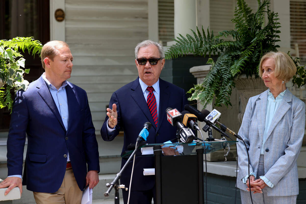 Attorney Dick Harpootlian along with State Senator Wes Climer, R-York, and Carol Herring hold a press conference outside Harpootlian’s Columbia law office on Monday, June, 9, 2025.