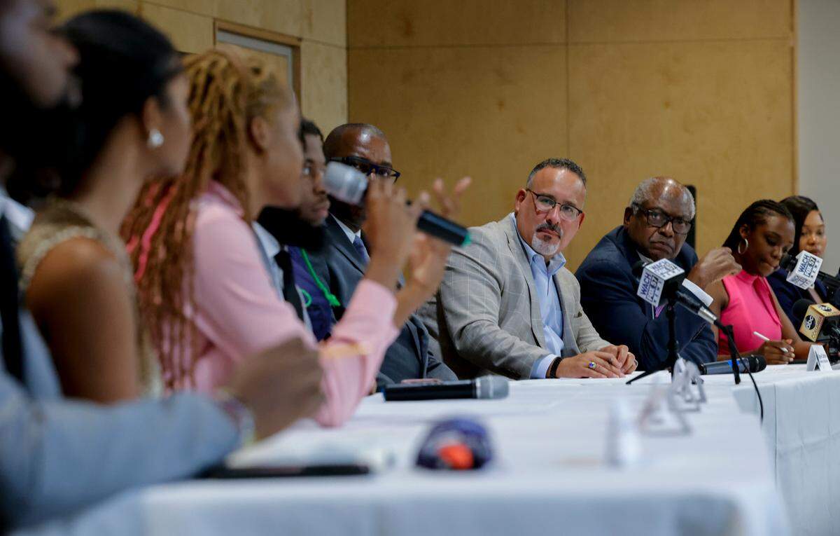 S.C. State student Tanryn Thorn asks a question of StateSecretary of Education, Miguel Cardona during a roundtable discussion with Congressman James E. Clyburn at S.C. State University of Monday, Aug. 15, 2022.