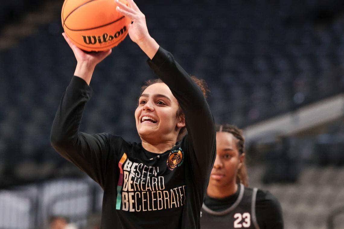 University of South Carolina’s Tessa Johnson (5) practices at the Legacy Arena in Birmingham on Thursday, March 27, 2025. The Gamecocks will play the Maryland Terrapins in the Birmingham 2 regional of the NCAA Tournament at Legacy Arena.