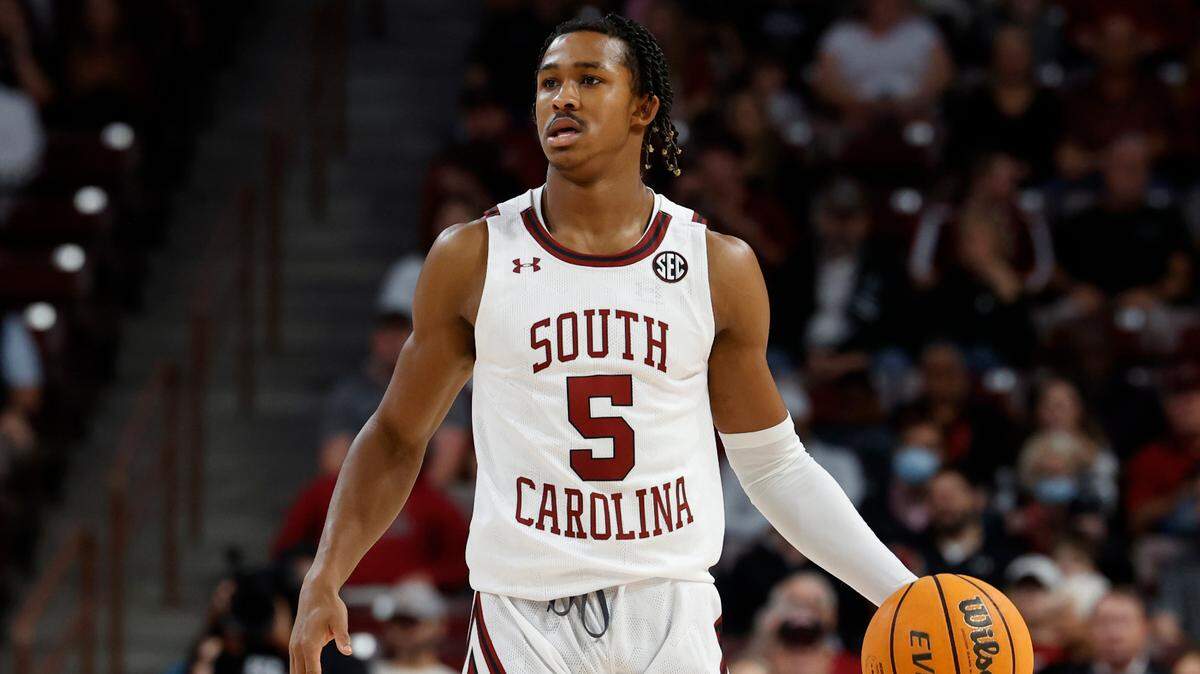 South Carolina Gamecocks guard Meechie Johnson (5) plays Clemson at Colonial Life Arena on Friday, November 11, 2022.